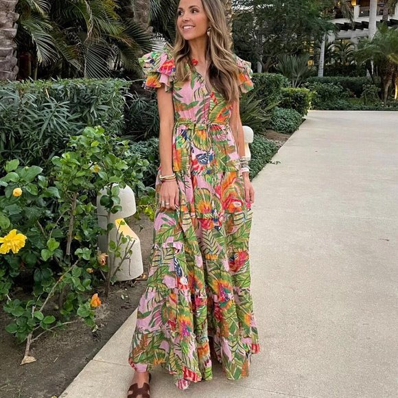 Farm Rio Dresses & Skirts - Farm Rio Anthropologie Macaw Leaves Flutter Sleeve Maxi Dress Ruffle S